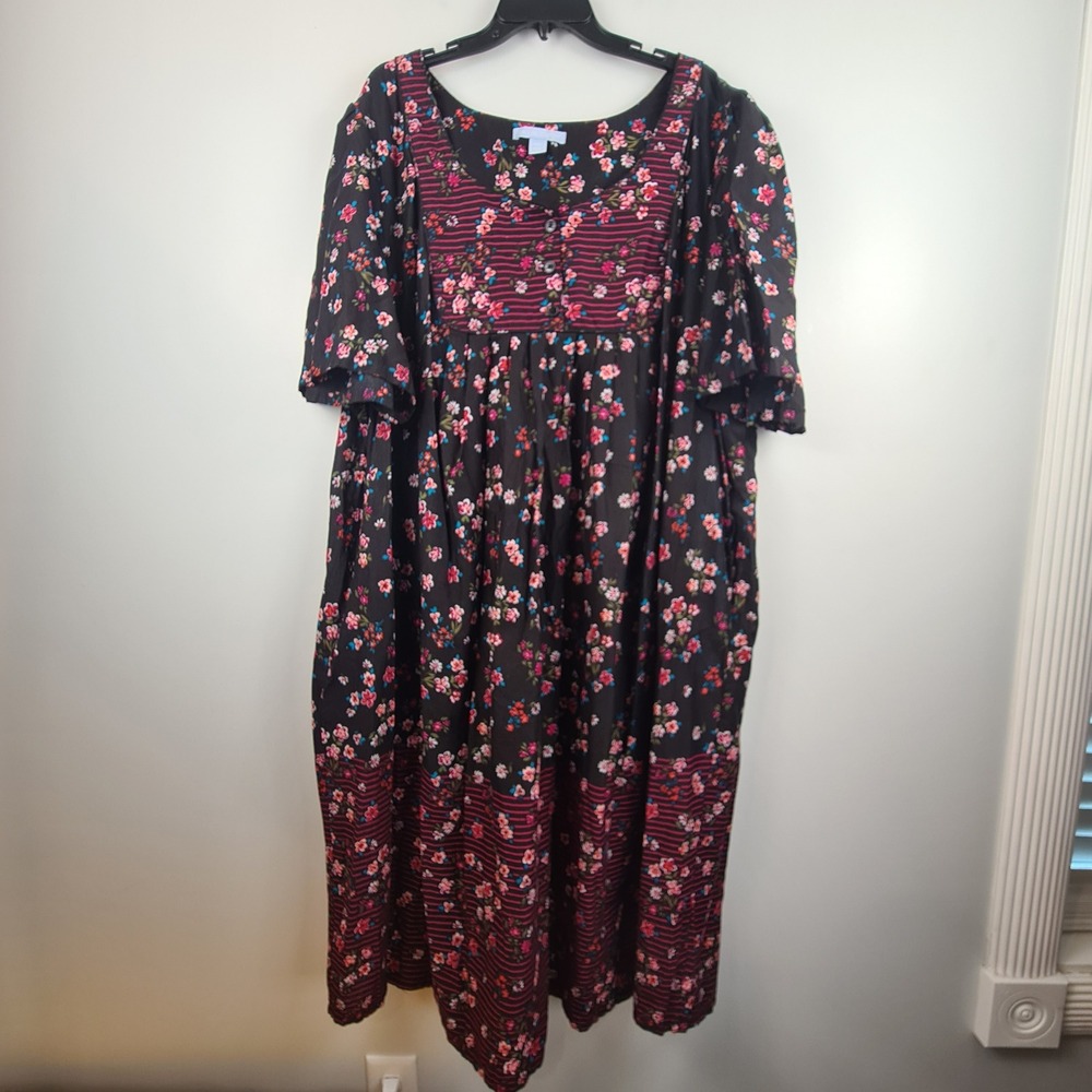 Only Necessities Womens 3X Floral Striped Cotton Muumuu House Dress Black Pink